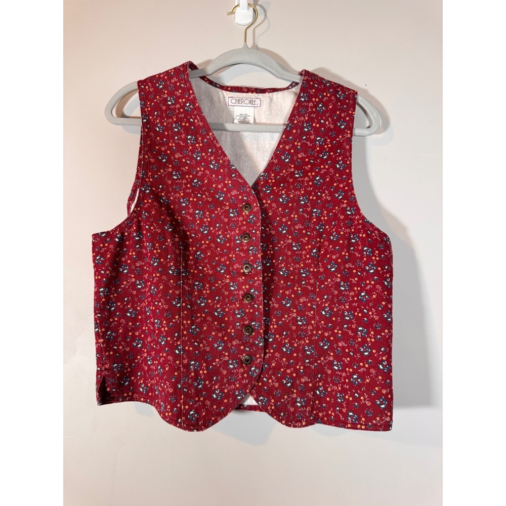 Cherokee Vintage Red Floral Cotton Vest Button Front Cinch Back Womens M